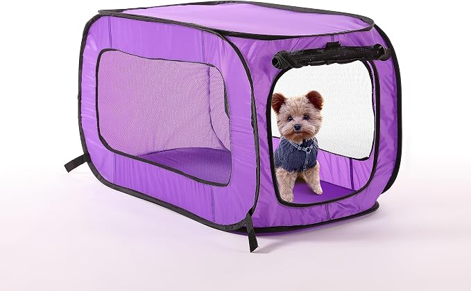 Portable Collapsible Pop Up Kennel, 32.5" L x 19.5" W x 19.5" H, Purple | Collapsible indoor/outdoor travel cat and dog crate with mesh screen windows pops up and folds flat for easy storage