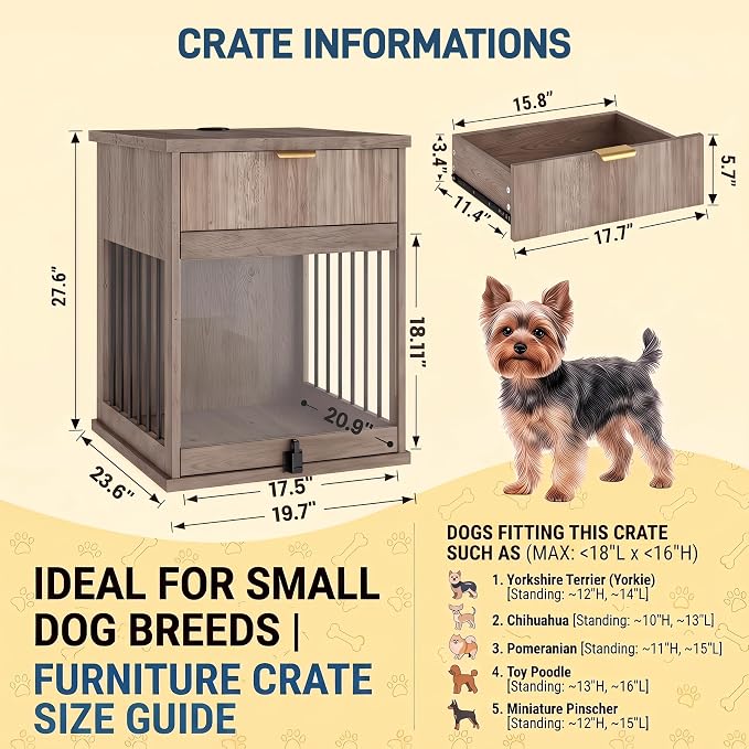 23.6" Small Dog Crate End Table with Charging Station, Dogs Kennel Furniture with Tempered Glass Door and Drawer, Wooden Decorative Dog Crates for Small Medium Dogs, Grey Oak