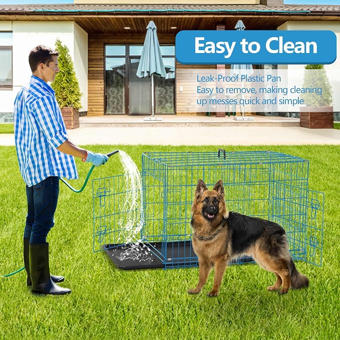 42 Inch Extra Large Dog Crate, Heavy Duty Dog Crates for Large Dogs, Metal Wire Folding Dog Cage with Removable Trays, Locks, Double-Door, Divider Panel, Handle, XL Dog Crate Pet Crate (42 in, Blue)
