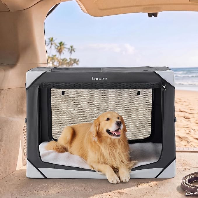 Lesure Portable Soft Collapsible XL Dog Crate, 42in Charcoal Grey | Travel Camping Pet Kennel, 4-door, Indoor and Outdoor Use, Easy to Set Up and Fold, For Extra Large Breeds Up to 90lbs
