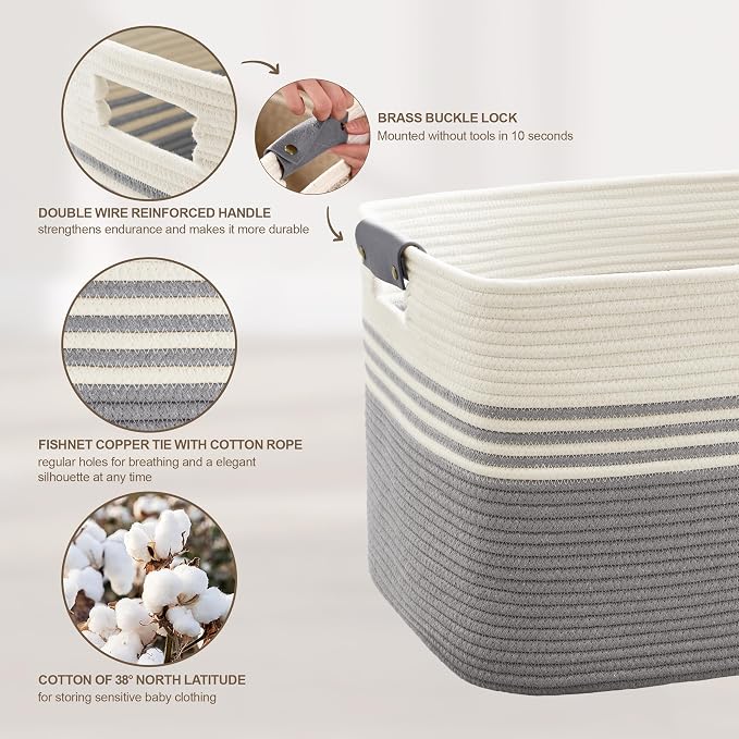 60L Woven Laundry Basket Hamper with Leather Handles,Grey | collapsible wicker hamper, storage for dirty clothes, toys, blankets, gifts, living room, bedroom, bathroom, 21"x15"x11"