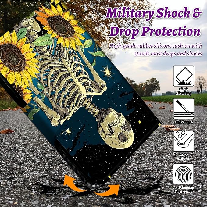 Rotating Handle Case for Samsung Galaxy Tab A8 10.5" 2022 (SM-X200/X205/X207), 360 Degree Swivel Kickstand with Magnetic Closure Shockproof Leather Cover for Women Men, Dark Skull Sunflower