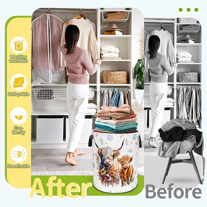 Highland Cow Laundry Basket Foldable Waterproof Cattle Hamper 18.9x16.5 In | Oxford Cloth With Reinforced Handles Lining Design Large-Capacity Storage For Bathrooms/Laundry Rooms/ Living Rooms/Bedrooms