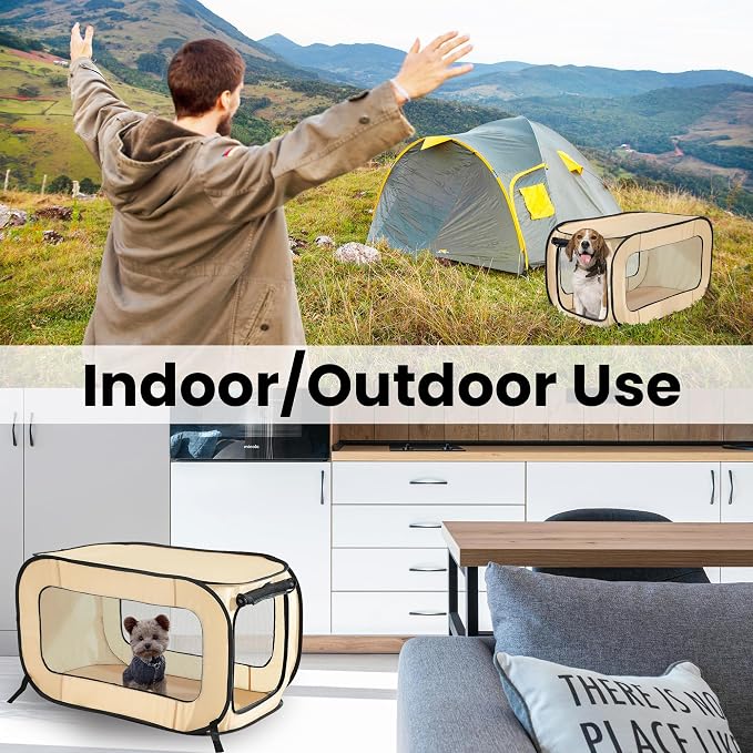 Portable Collapsible Pop Up Kennel, 36" L x 22" W x 22" H, Beige | Collapsible indoor/outdoor travel cat and dog crate with mesh screen windows pops up and folds flat for easy storage