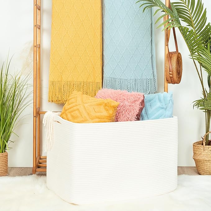 112L Extra Large Blanket Basket Holder Living Room, 25"x17"x16" Rectangle Rope Woven Storage Basket with Handles for Laundry, Towels, Shoes, Dog Toy Organizer Bin Box, Creamy White