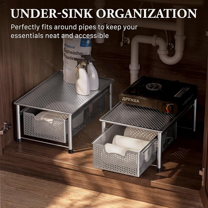 Simple Houseware Stackable Cabinet Basket Drawer Organizer, Silver