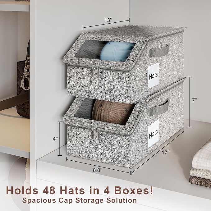 4 PCS Hat Organizer for Baseball Caps, Multi Functional Storage Box (Accommodates 48 Hats) with Visible Window and Zipper - Gray