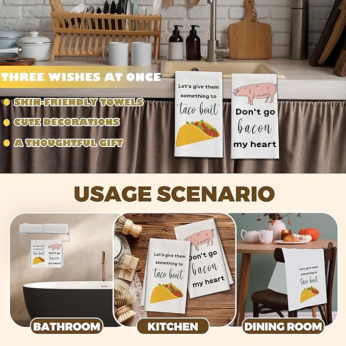 Kitchen Towels Set of 2, Tacos and Pig Dish Towel for Kitchen, Decorative Hand Towels for Bathroom, Fast Drying Tea Towel with Funny Sayings, Housewarming Xmas Gifts for Women Mom -B16