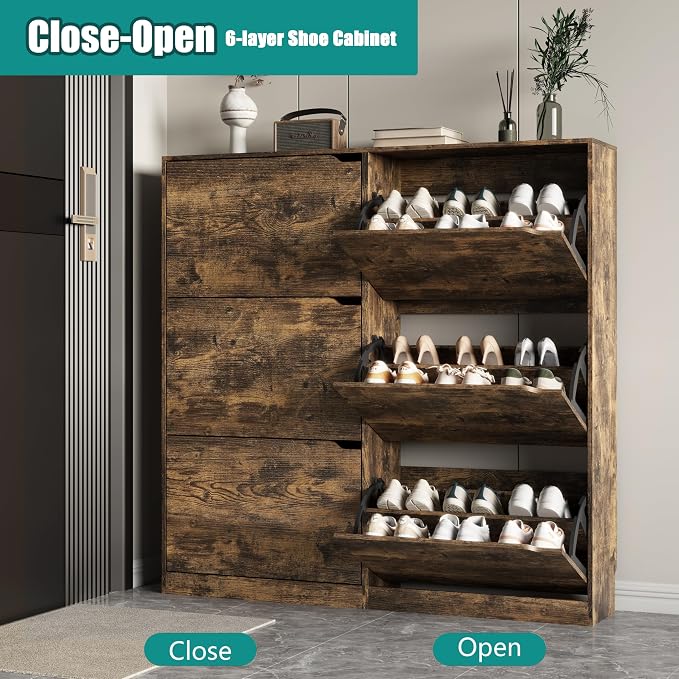 Xixini Shoe Storage Cabinet for Entryway with 6 Flip Drawers, Sturdy Wood Hidden Shoe Storage, Freestanding Narrow Slim Shoe Organizer for Front Door Entrance, Living Room, Hallway, Bedroom, Brown