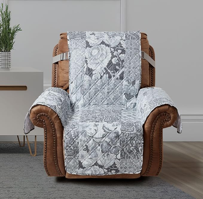 Brilliant Sunshine Multi Grey Flowers Couch Recliner Cover, 28" seat | Quilted Sofa Cover, Living Room & Bedroom Furniture Protector, Large Washable Reclining Chair Slipcover for Pets, Dogs & Cats