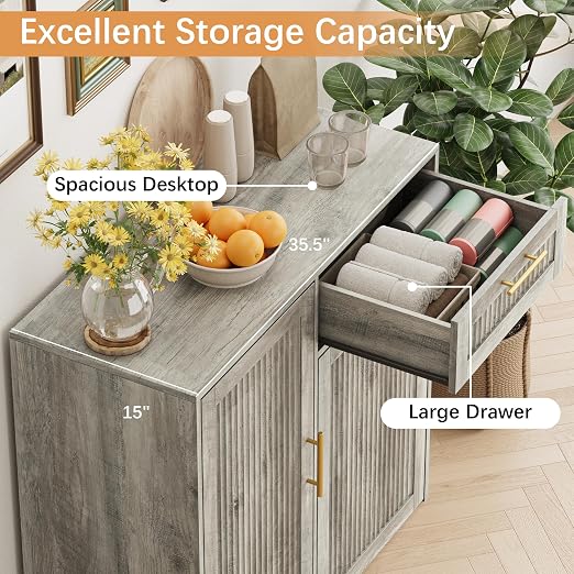 13 Gallons Pull Out Trash Can Cabinet with Storage, Fluted Pet Proof Trash | Kitchen Trash Cabinet with Adjustable Shelf & Drawer, Hidden Garbage Can Cabinet for for Laundry, Living Room
