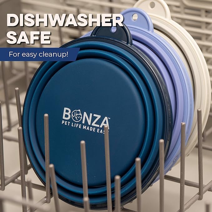 Bonza Collapsible Dog Bowls - X-Large 50 oz, Dog Travel Accessories, Silicone Portable Dogs Bowl & Water Dish with Reinforced Rim & Carabiner for Hiking, Camping, and Car Trips, Light Gray