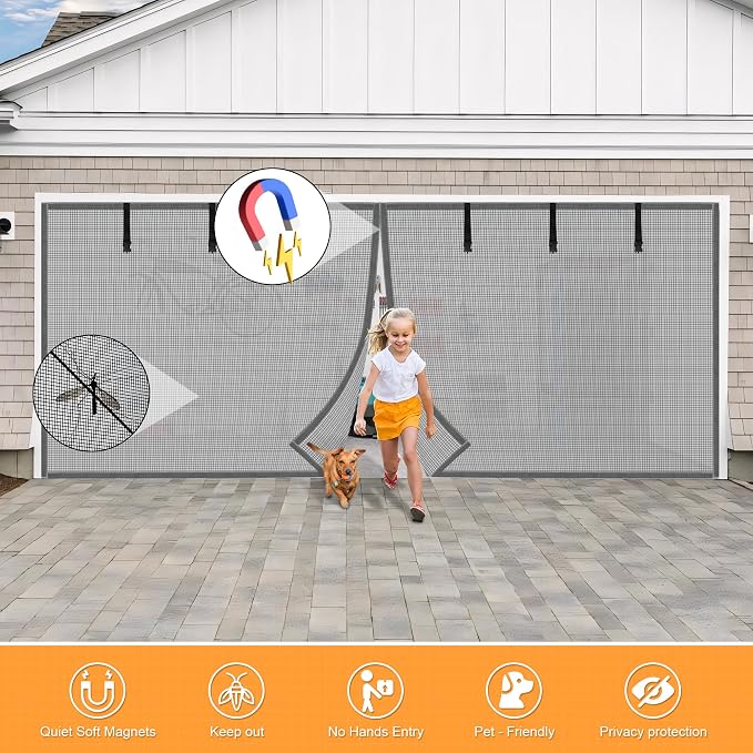 Privacy Garage Door Screen Blackout for 1 Car Garage-12x9FT Privacy Silver Grey Heavy Duty Magnetic Garage Screen, Hands Free, Magnetic Privacy Garage Screen Door
