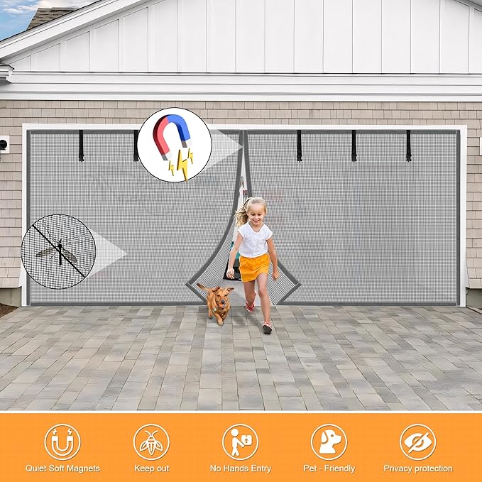 LIAMST Privacy Garage Door Screen Blackout for 2 Car Garage-14x7FT Privacy Silver Grey Heavy Duty Magnetic Garage Screen, Hands Free, Magnetic Privacy Garage Screen Door