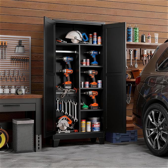 71" H Broom Closet Storage Cabinet,Metal Garage Storage Cabinets,Utility Cabinet,Black Storage Cabinets