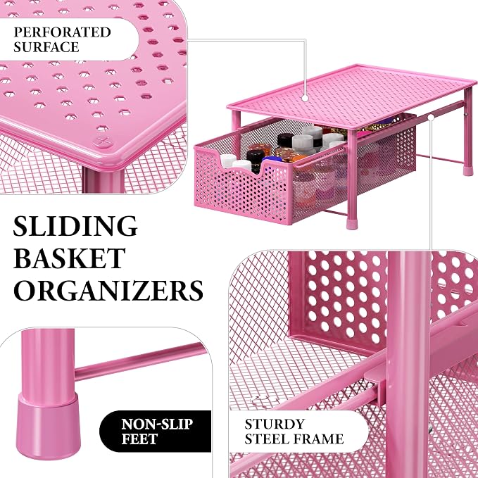 Simple Houseware Stackable Cabinet Basket Drawer Organizer, Pink