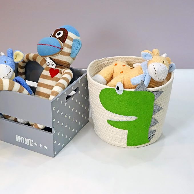 T&T Homewares Small Cotton Rope Basket with Cute Green Dinosaur for Baby Diaper Organizer, Woodland Nursery Storage, Kids Room Organizer, Baby Laundry Baskets, Cat Dog Toy Basket