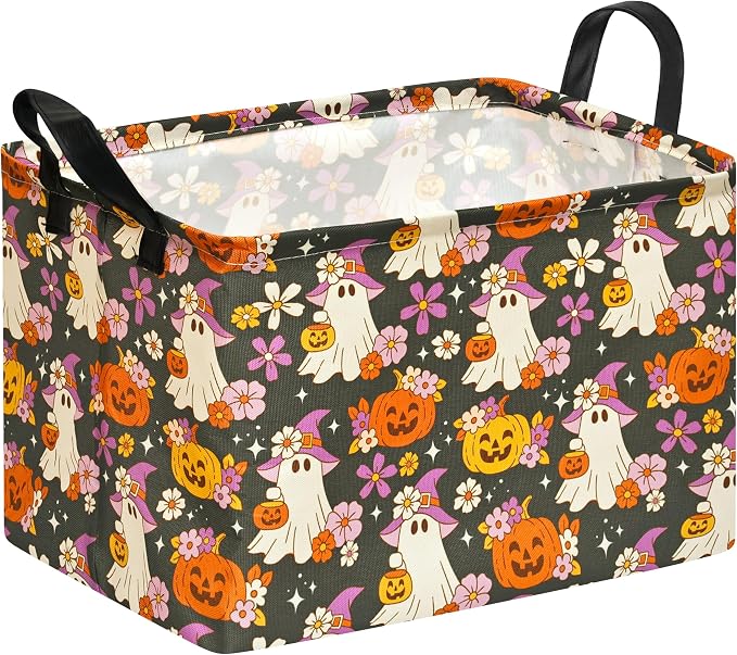 Halloween Pumpkin Ghost Storage Basket, Foldable Toy Organizer Bin | Halloween Pumpkin & Ghost Design with Cotton Linen Fabric, Waterproof Lining, Leather Handles and Foldable Storage Style
