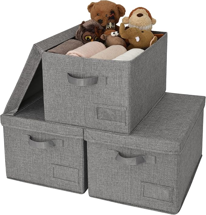 GRANNY SAYS Storage Bins with Lids, Decorative Storage Boxes with Lids | Storage Box with Dust Cover, Handles & Lable, Collapsible, Ideal for Closet Clothes Blanket Toys, Large, Dark Gray, 3-Pack
