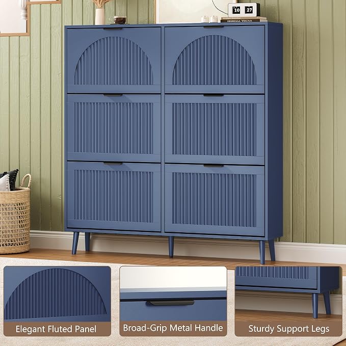 BORNOON Shoe Cabinet for Entryway with 6 Flip Drawers, Slim Wooden Shoe Storage Organizer with Modern Fluted Pannel，Freestanding Narrow Hidden Shoe Rack for Hallway, Foyer, Living Room