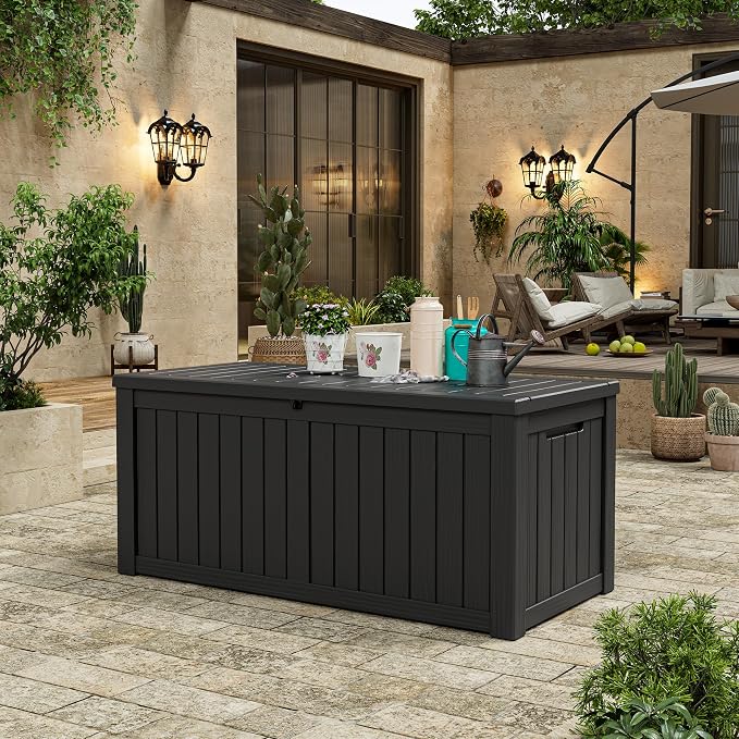 Outdoor Storage Box, 155 Gallon Large Outdoor Resin Deck Box, Storage Waterproof Boxes Lockable Lid for Garden Tools, Pool Supplies, Patio Furniture and Cushions, Black