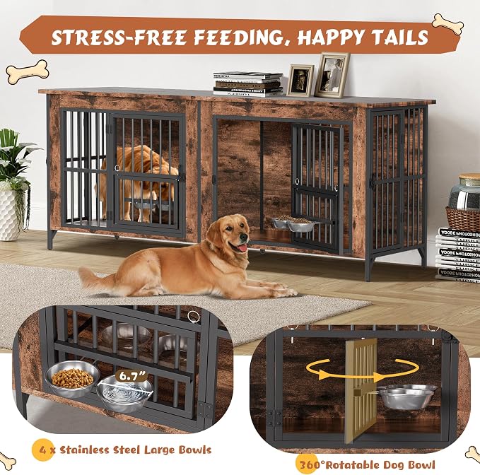 79'' Double Dog Crate Furniture for 2 Dogs, Wooden Dog Kennel with Removable Divider, XXL Dog House Indoor with Rotating Bowl Holders, Heavy Duty Dog Crate TV Stand (78.7"L x 27.6"W x 33.5"H)