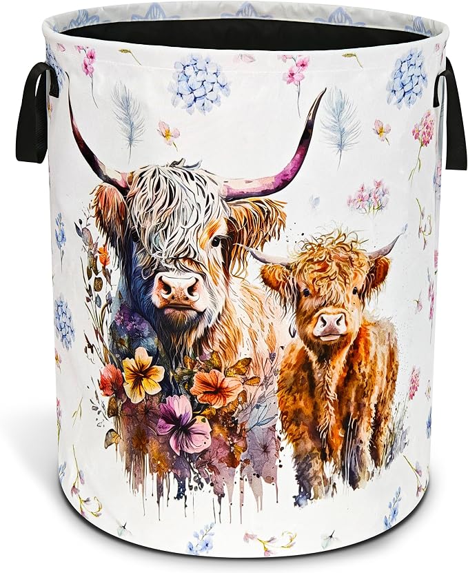 Highland Cow Laundry Basket Foldable Waterproof Cattle Hamper 18.9x16.5 In | Oxford Cloth With Reinforced Handles Lining Design Large-Capacity Storage For Bathrooms/Laundry Rooms/ Living Rooms/Bedrooms
