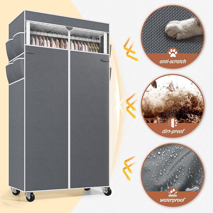 Raybee Clothes Rack with Cover, Rolling Portable Closet, 2 Rods & 2 shelves | Heavy Duty, Tool-free Assembly, Adjustable, Lockable Wheels, Freestanding, Covered, Zippered, Saving Space for Bedroom,Dorm