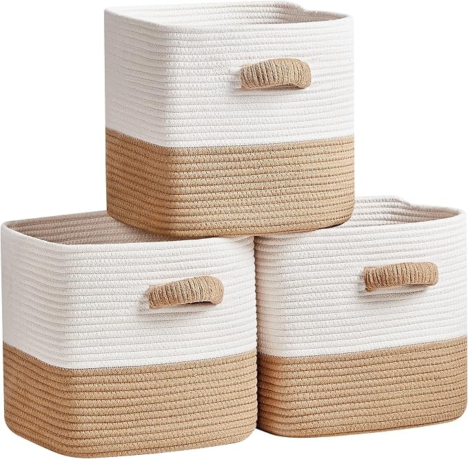 R RUNKA Storage Cube Baskets for Organizing -3 Pack -11 inch Square Baskets for Cube Storage, Closet Storage Bins-Woven Cube Storage Bins for Shelves- Ideal for Toy Storage |White & Khaki