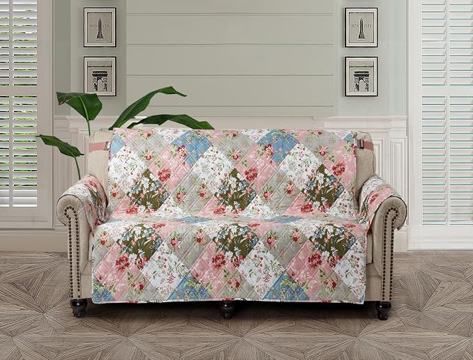 Brilliant Sunshine Peach & Olive Flowers Patchwork Loveseat Cover, 54" seat | Quilted Sofa Cover, Living Room & Bedroom Furniture Protector, Large Washable Love Seat Slipcover for Pets, Dogs & Cats