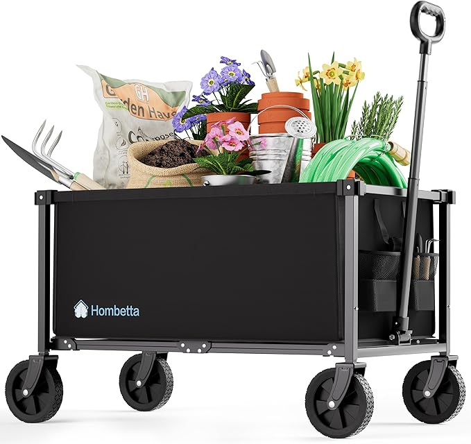29.3" Collapsible Wagon Cart, 150L Heavy Duty Folding Utility Wagon with Wheels, 260 lbs Load, Portable Rolling Cart for Garden, Shopping, Sports, Camping, Black