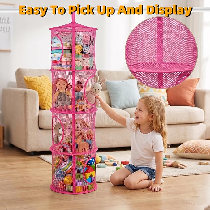 Hanging Stuffed Animal Storage Hammock Net 4 Tiers, Hot Pink | Hanging Mesh Storage Organizer for Kids Room, Holds Plushies, Gloves, Hats, Socks, Foldable Space-saving Design