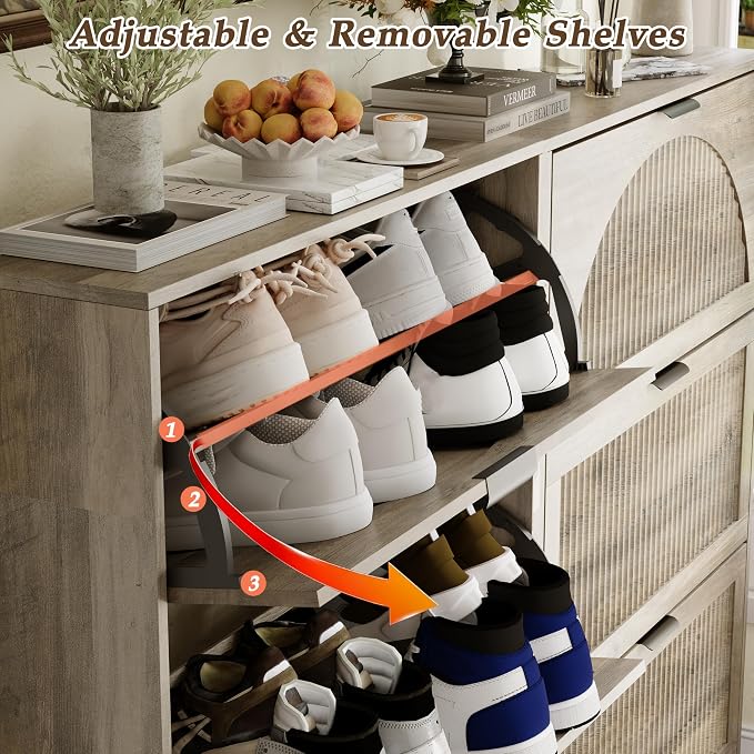 Shoe Storage Cabinet with 6 Flip Drawers, Narrow Wood Shoe Organizer Cabinet with Fluted Panel, Slim Shoe Rack for Entryway, Freestanding Shoe Cabinet for Living Room, Hallway, Grey