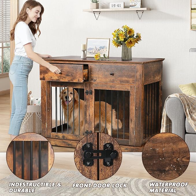 PUKAMI Large Dog Crate Furniture with 2 Drawers, 44 Inch Wooden Dog Kennel Indoor, Crate Furniture as Decorative End Table, Cage Furniture for Small Medium Large Dogs (Brown, 1-Pack Set)