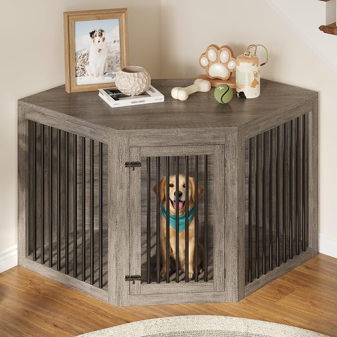 AMERLIFE Corner Dog Crate Furniture for Medium/Large Dogs Space-Saving | 3-in-1 Dog Kennel with Storage and Divider, Heavy Duty Large Cage, Grey