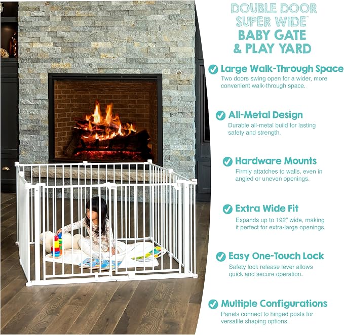 Regalo Safety 24"-192" Metal Double Door Baby Gate & Play Yard | Adjustable Playpen, For Doorways & Open Spaces, For Babies, Toddlers & Pets, White, Tested & Trusted for 30 Years