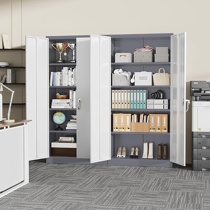 Crownland 72" Lockable Metal Storage Cabinet, Garage Storage Cabinets, High Office Cabinet with Adjustable Shelves for Garage, Home Office,Pantry, File(Grey White)