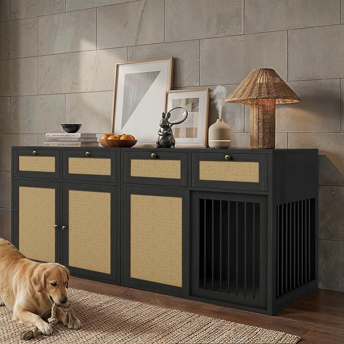 PureCozy 2-Piece Dog Crate Furniture, Right, 80 Inch, Black Oak | Right-unit kennel with metal sliding door plus cane storage cabinet and 4 total drawers; furniture-style indoor console.