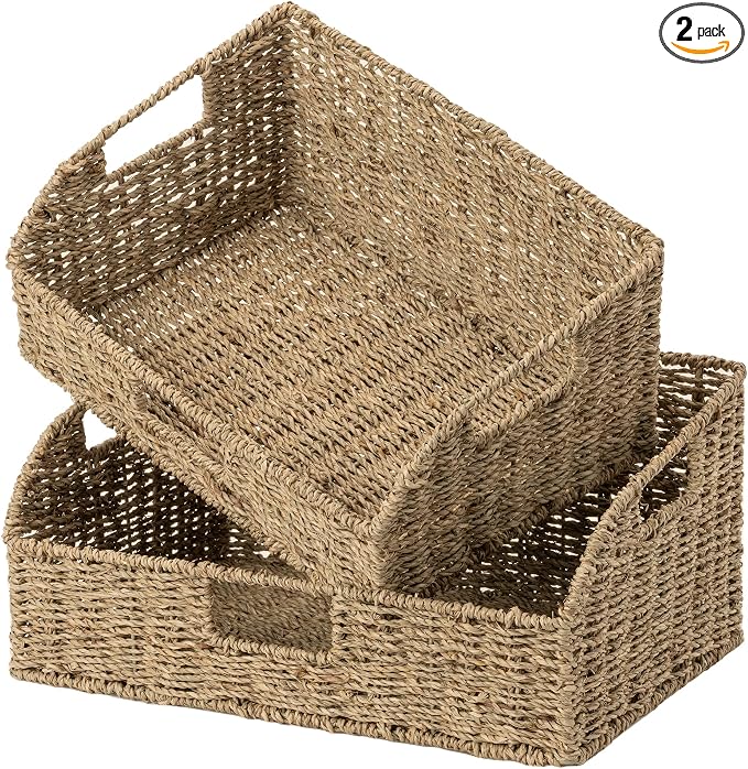 StorageWorks Pantry Baskets for Organizing, Seagrass Storage Baskets,2-Pack | Large Seagrass Baskets, Wicker Storage Baskets for Shelves,Pantry Organizers and Storage,Handwoven Wicker Baskets for Storage