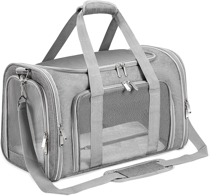 Soft-Sided Cat/Dog/Pet Carrier, Collapsible Pets Travel Carriers | For Big Cats/Small Dogs with Shoulder Strap & Removable Mat, Mesh Puppy Carry Bag, Up to 25 Lbs, TSA Airline Approved(Gray)