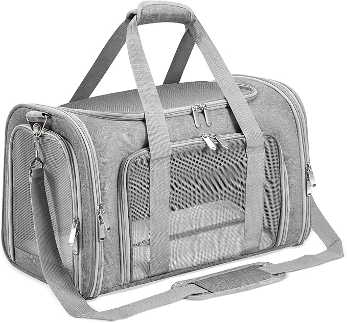 Soft-Sided Cat/Dog/Pet Carrier, Collapsible Pets Travel Carriers | for Big Cats/Small Dogs with Shoulder Strap & Removable Mat, Mesh Puppy Carry Bag, Up to 16 Lbs, TSA Airline Approved(Gray)