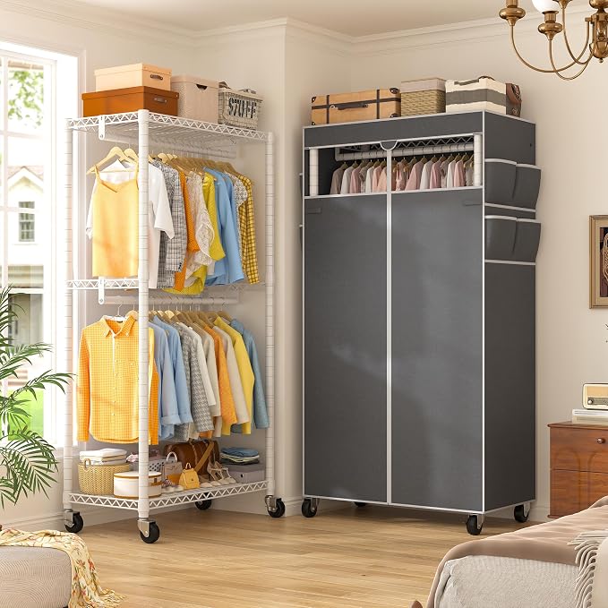 Raybee Clothes Rack with Cover, Rolling Portable Closet, 2 Rods & 2 shelves | Heavy Duty, Tool-free Assembly, Adjustable, Lockable Wheels, Freestanding, Covered, Zippered, Saving Space for Bedroom,Dorm