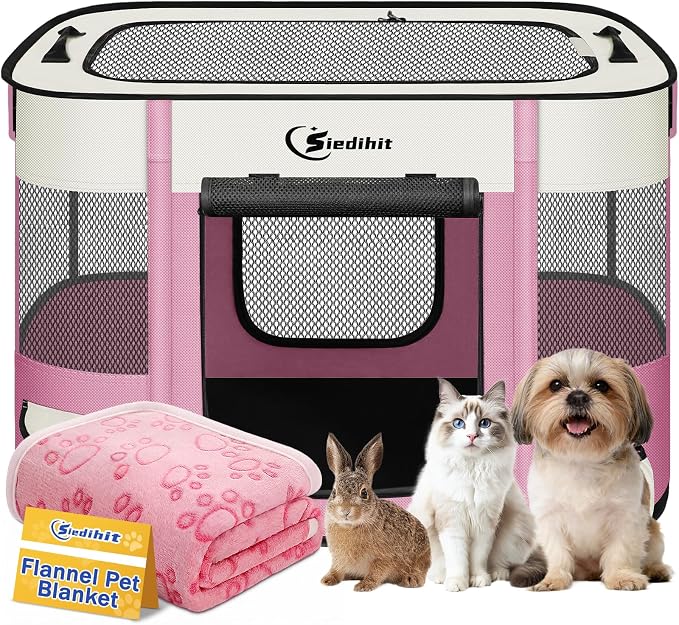 Siedihit 28" Dog Playpen,Cat Puppy Pen, Pet Portable Crate Indoor Outdoor | Durable Travel Camping Use,Foldable Dog Kennel Tent Cage for Rabbit Small Animals with Carrying Case(Pink with Blanket, Small