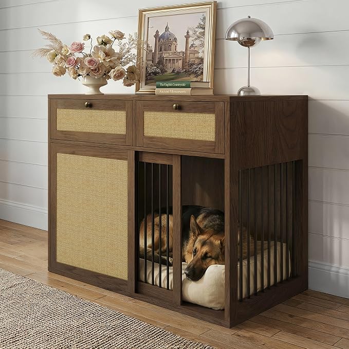 PureCozy Wooden Dog Crate Furniture, Right Unit, 40 Inch, Dark Oak | Cane cabinet and metal sliding door with 2 storage drawers; furniture-style indoor kennel doubles as an end table.