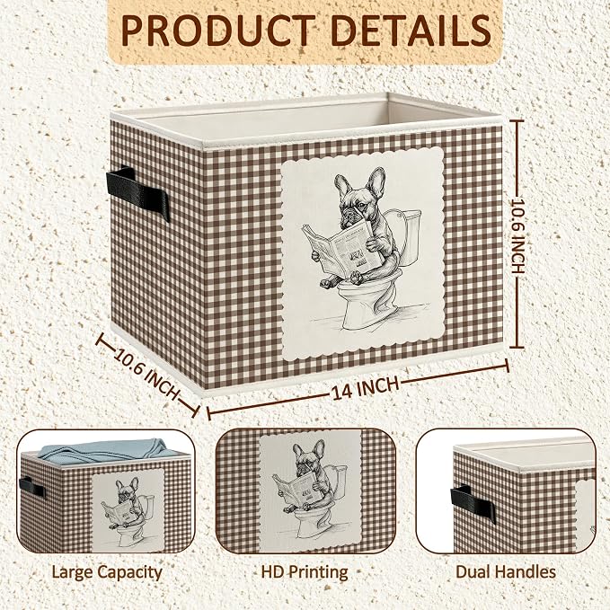 French Bulldog Bathroom Foldable Storage Bins Box with Handles, French Bulldog Gifts for Women Men, Boho Gingham Frenchie Dog Decorative Storage Boxes Baskets Organizer for Washroom Bathroom