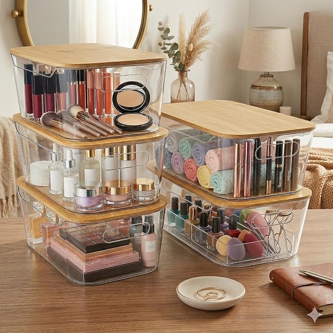 CiWiVOKi 6 Pack Clear Stackable Storage Bins with Bamboo Lids, 3.7L BPA-Free Plastic Organizer Containers with Handles, for Pantry, Kitchen, Fridge, Bathroom, Cabinet & Closet Organization