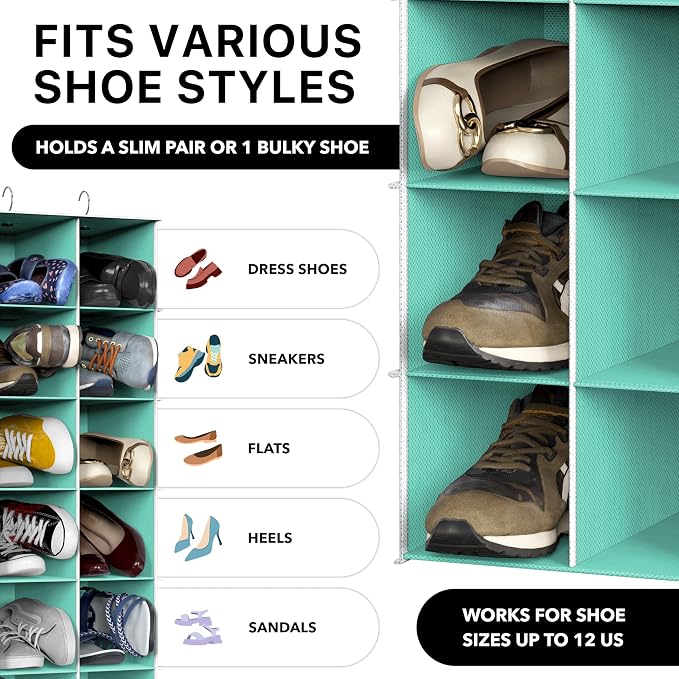 Simple Houseware 24 Section Shelves Hanging Shoes Organizer, Turquoise | 3 Metal Hooks, 8 Tier, Holds Up to 24 lbs