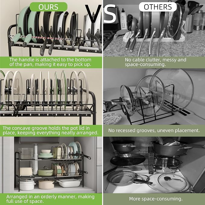 Expandable Under Sink Organizer，Pot and pan Organizer Under Cabinet | Pan Lid Organizer,Expandable Storage shelf with 2 Pan Racks（14 Dividers）and 4 Removable Panels,Adjustable partition height