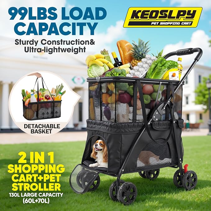 2-in-1 Folding Shopping Cart & Pet Stroller 99 LB Grocery Cart | 130L Large Personal Shopping Cart with Removable Basket, Portable Utility Cart for Groceries, Laundry, Camping Small Dogs