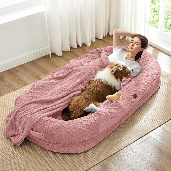 ChiXnuggle Orthopedic Human Dog Bed,with Faux Fur Washable Cover,Blanket | dusty pink,72*40*10,giant dog bed for adult or extra large dogs,egg crate foam,non-slip bottom